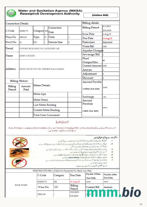 Pakistan Water and Sanitation Agency Rawalpindi Development Authority szablon rachunku za media w formatach Word i PDF